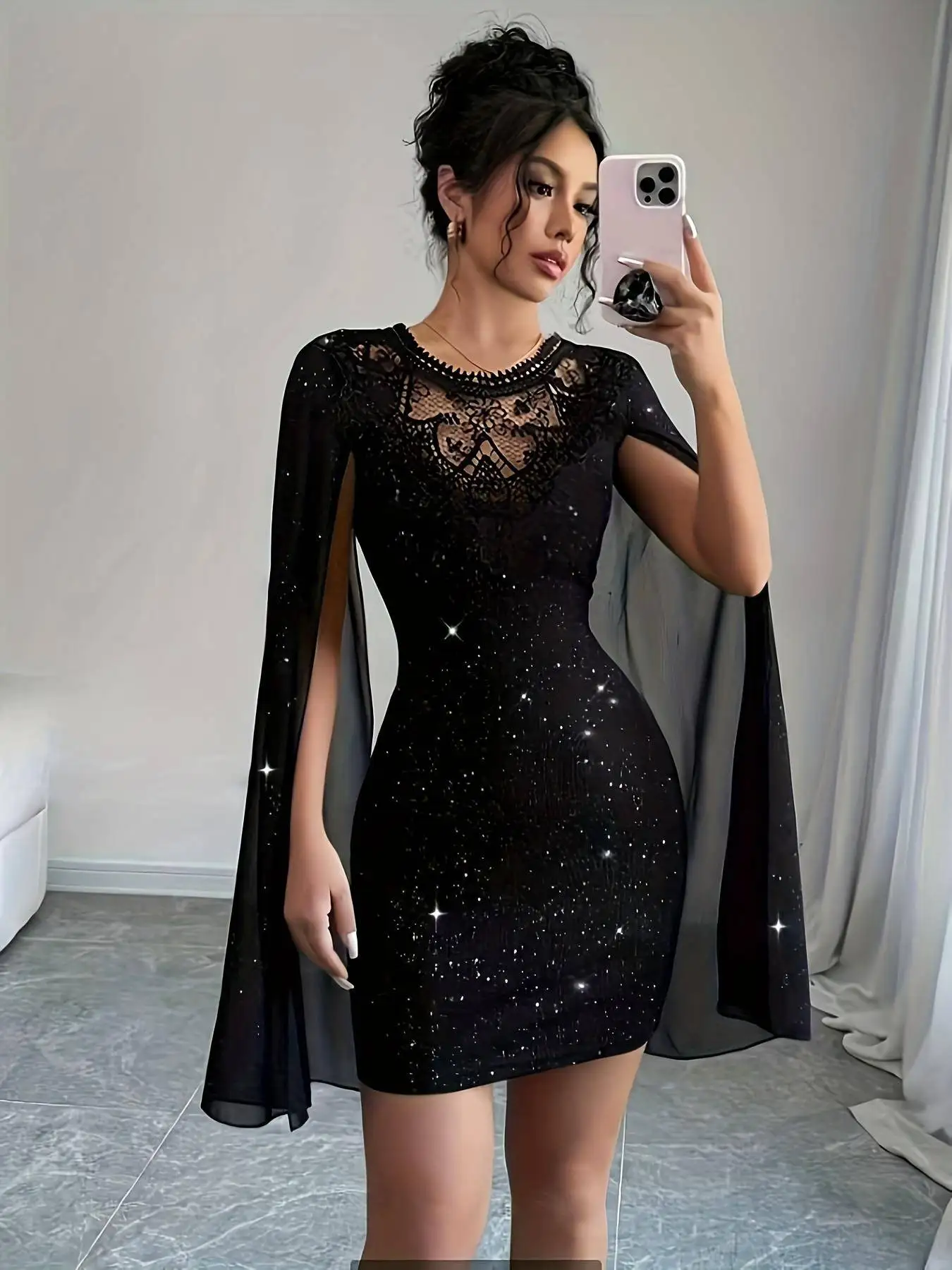 Glitter Lace Bodycon Mini Dress - Image 5